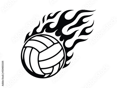 Burning volleyball in black flames vector illustration representing sport and energy