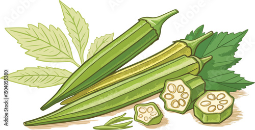 Okra vegetable illustration with natural background ideal for organic food designs