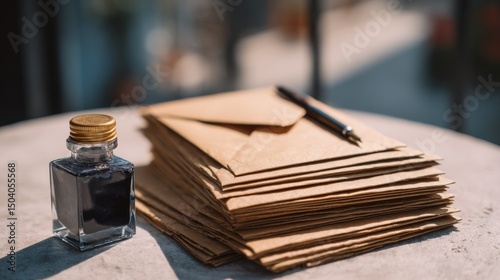 Soft sunlight casts a glow on a stack of letters with a vintage ink bottle and a pen, evoking nostalgia and the art of handwritten correspondence.