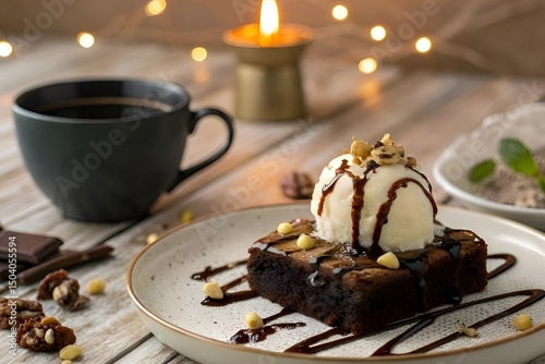 Decadent Chocolate Brownie with Vanilla Ice Cream and Chocolate Drizzle