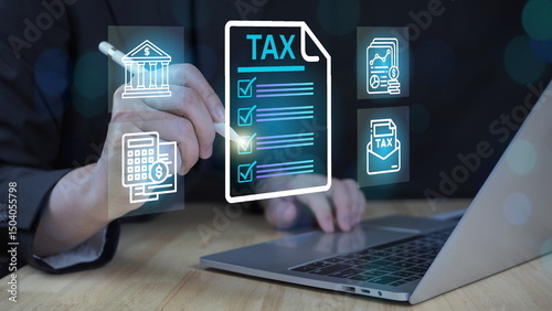 tax documents, and savings, represent the concept Tax Filing and Financial Management Concept. Businessperson using laptop with digital tax and finance icons.