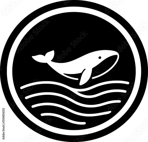 clean black and white whale logo inside a circle, with smooth wave lines for celebrating world oceans day 