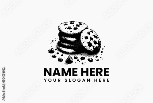 Artisan-style chocolate chip cookie stack with gooey chips vector logo. Wholesome bakery concept  