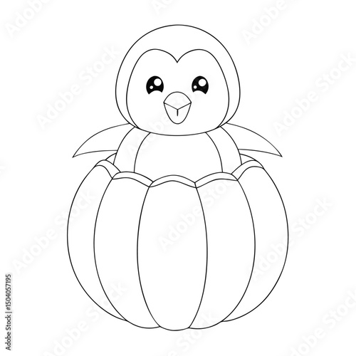 Line drawing shows an adorable baby penguin sitting inside a cracked egg shape