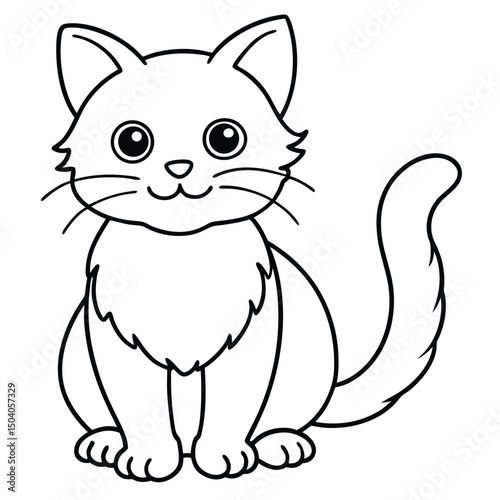 Outlined cartoon cat with whiskers and tail sits patiently looking forward with calm expression
