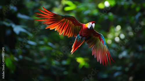 Red hybrid macaw parrot in flight through lush tropical forest vegetation in costa rica, rare ara macao x ara ambigua species showcasing vibrant plumage and exotic wildlife in natural rainforest habit