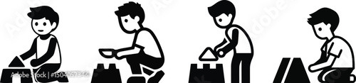 Vector silhouette of a boy building a sandcastle on a plain white background

