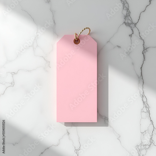 The text describes a pink product tag mockup on a marble surface.