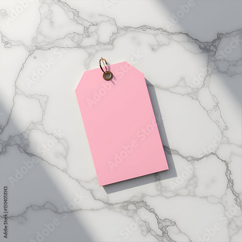 The text describes a pink product tag mockup on a marble surface.