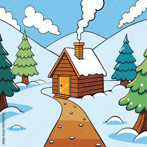 Cozy Cabin in Snowy Mountain Landscape. A Winter Wonderland
