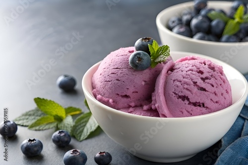 Blueberry Ice Cream Close-Up with Fresh Garnish in White Bowl