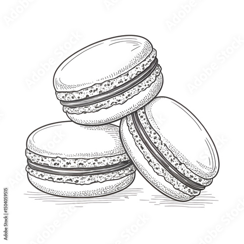 Three hand-drawn macaron cookies stacked together on a white background, suitable for menus of pastry shops, cafes and bakeries, culinary blogs, gift products