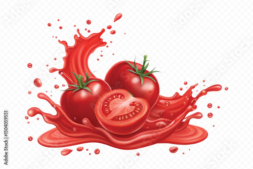 realistic 3d fresh tomato red juice or ketchup sauce splashes in different style isolated on transparent background