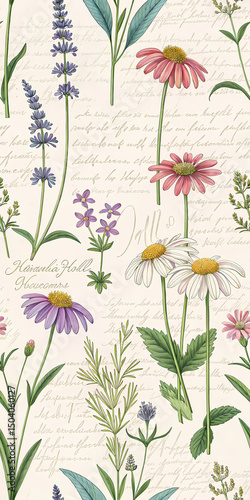 Elegant botanical floral pattern with hand drawn flowers and handwritten script background