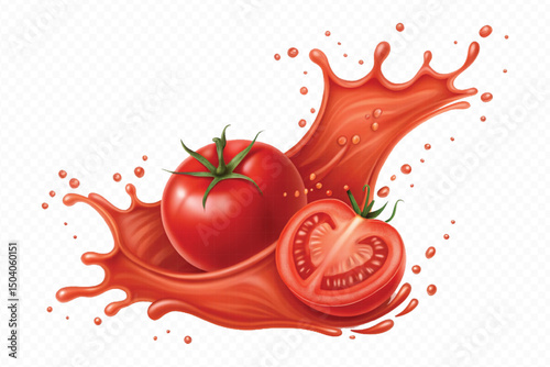 realistic 3d fresh tomato red juice or ketchup sauce splashes in different style isolated on transparent background