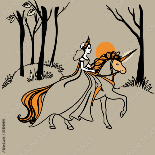 Elegant princess rides a glowing unicorn through a magical moonlit forest in this enchanting digital artwork.