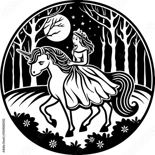 Elegant princess rides a glowing unicorn through a magical moonlit forest in this enchanting digital artwork.