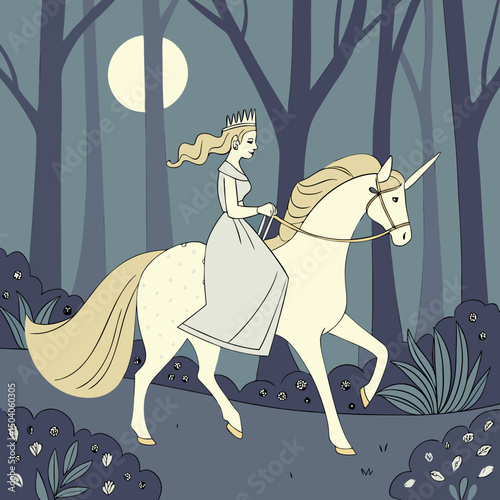 Elegant princess rides a glowing unicorn through a magical moonlit forest in this enchanting digital artwork.