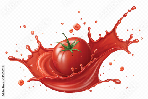 realistic 3d fresh tomato red juice or ketchup sauce splashes in different style isolated on transparent background