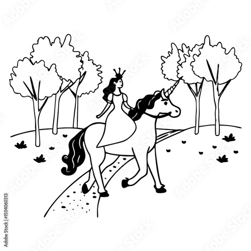 Elegant princess rides a glowing unicorn through a magical moonlit forest in this enchanting digital artwork.