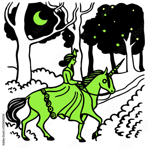 Elegant princess rides a glowing unicorn through a magical moonlit forest in this enchanting digital artwork.