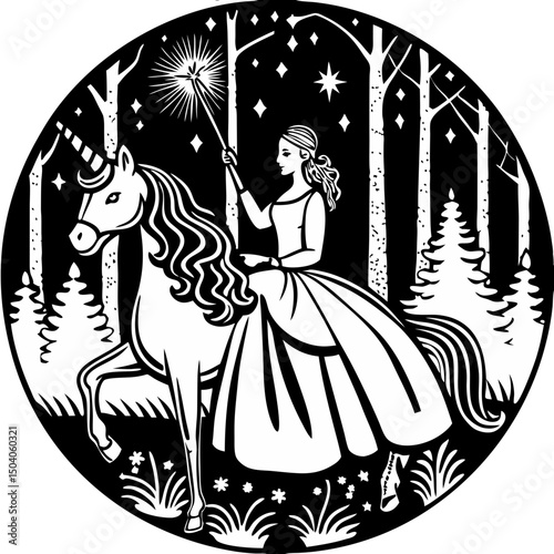 Elegant princess rides a glowing unicorn through a magical moonlit forest in this enchanting digital artwork.