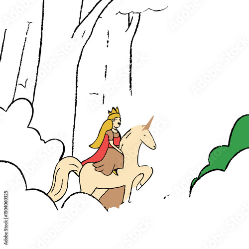 Elegant princess rides a glowing unicorn through a magical moonlit forest in this enchanting digital artwork.