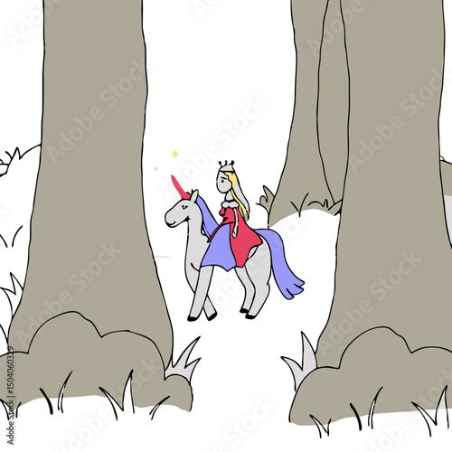 Elegant princess rides a glowing unicorn through a magical moonlit forest in this enchanting digital artwork.