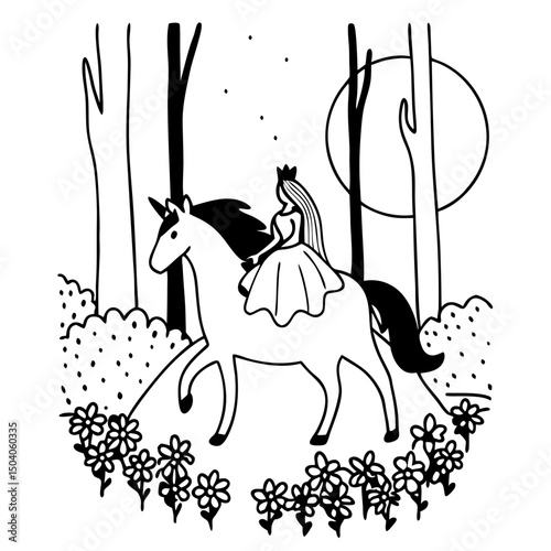 Elegant princess rides a glowing unicorn through a magical moonlit forest in this enchanting digital artwork.
