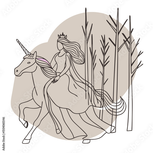 Elegant princess rides a glowing unicorn through a magical moonlit forest in this enchanting digital artwork.