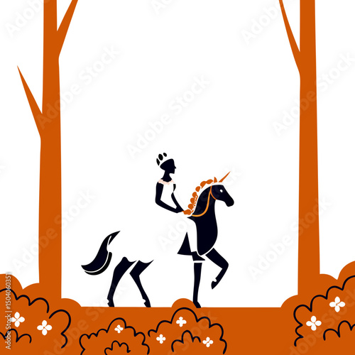 Elegant princess rides a glowing unicorn through a magical moonlit forest in this enchanting digital artwork.
