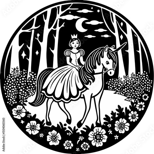 Elegant princess rides a glowing unicorn through a magical moonlit forest in this enchanting digital artwork.