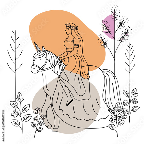 Elegant princess rides a glowing unicorn through a magical moonlit forest in this enchanting digital artwork.
