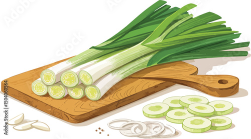 Leeks with leek slice on cutting board in white background vector design, Leeks vector design