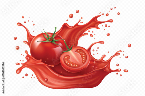 realistic 3d fresh tomato red juice or ketchup sauce splashes in different style isolated on transparent background