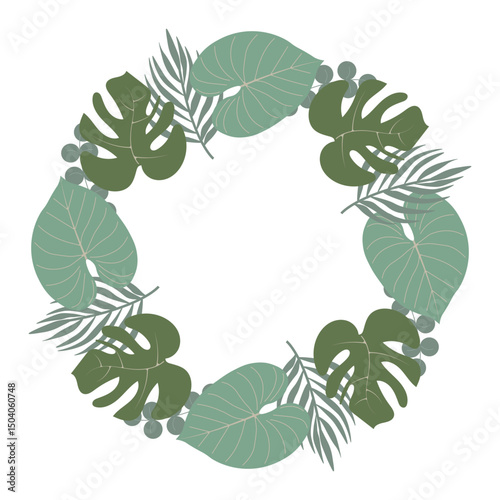 Circular jungle-themed frame featuring tropical leaves, lush foliage. Ideal for invitations, covers, banners, and greeting cards. Vector tropical scene