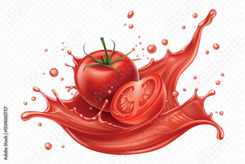 realistic 3d fresh tomato red juice or ketchup sauce splashes in different style isolated on transparent background