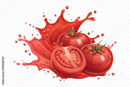 realistic 3d fresh tomato red juice or ketchup sauce splashes in different style isolated on transparent background