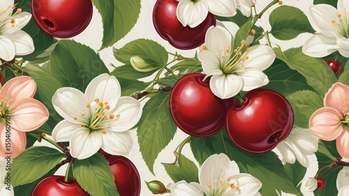 Red cherries with glossy skins, surrounded by green leaves and delicate white blossoms, arranged in a soft, seamless floral pattern on a light background.