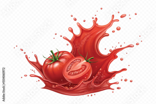 realistic 3d fresh tomato red juice or ketchup sauce splashes in different style isolated on transparent background