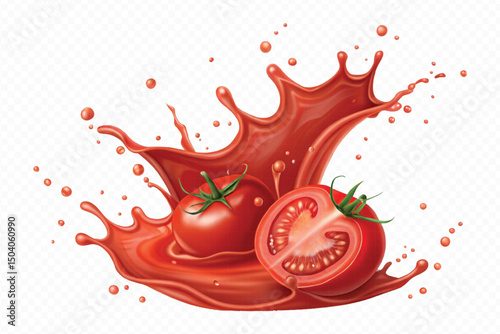realistic 3d fresh tomato red juice or ketchup sauce splashes in different style isolated on transparent background