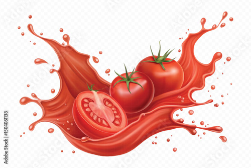 realistic 3d fresh tomato red juice or ketchup sauce splashes in different style isolated on transparent background