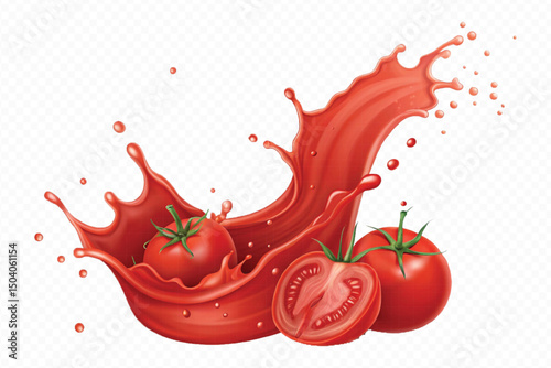 realistic 3d fresh tomato red juice or ketchup sauce splashes in different style isolated on transparent background