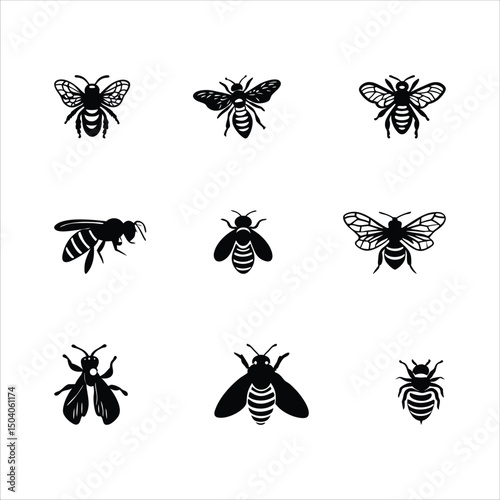 Detailed Black Silhouette Illustrations of Bees Perfect for Nature Honey and Insect Themed Designs