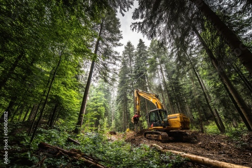 Excavator working beside a forest, showing contrast between technology and nature