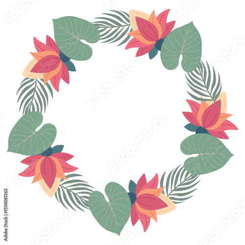 Circular jungle motif featuring tropical leaves, dense foliage, and lotus blossoms. Ideal for invitations, banners, covers, and greeting cards in vector format