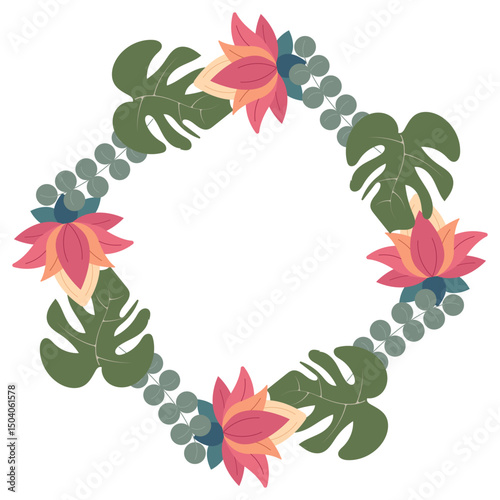 Tropical jungle round border decorated with lush leaves and lotus flowers. Suitable for invitations, covers, banners, greeting cards—vector nature scene