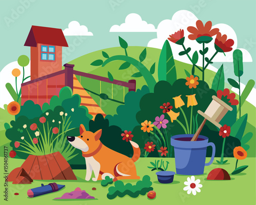 Cute Dog in a Beautiful Garden Landscape