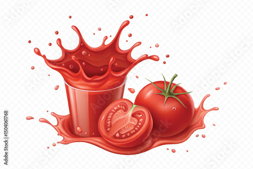 realistic 3d fresh tomato red juice or ketchup sauce splashes in different style isolated on transparent background
