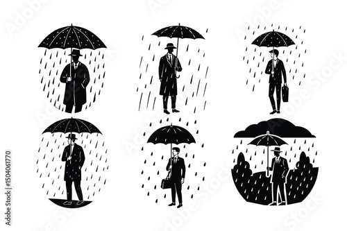 Silhouettes of people with umbrellas in the rain, a vector illustration of weather protection for business and family